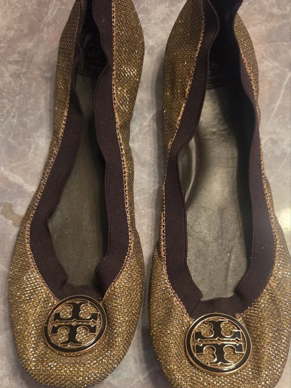 Tory Burch Metallic Gold Glitter Ballet Flats with Logo Medallion